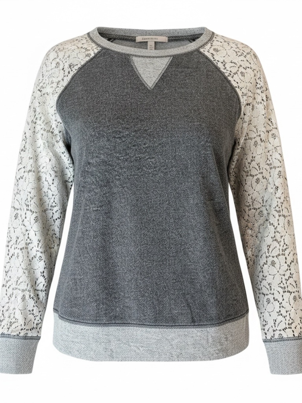 Women’s Top Size Large Sweatshirt Type Lace Sleeves Grey Cream Long Sleeve